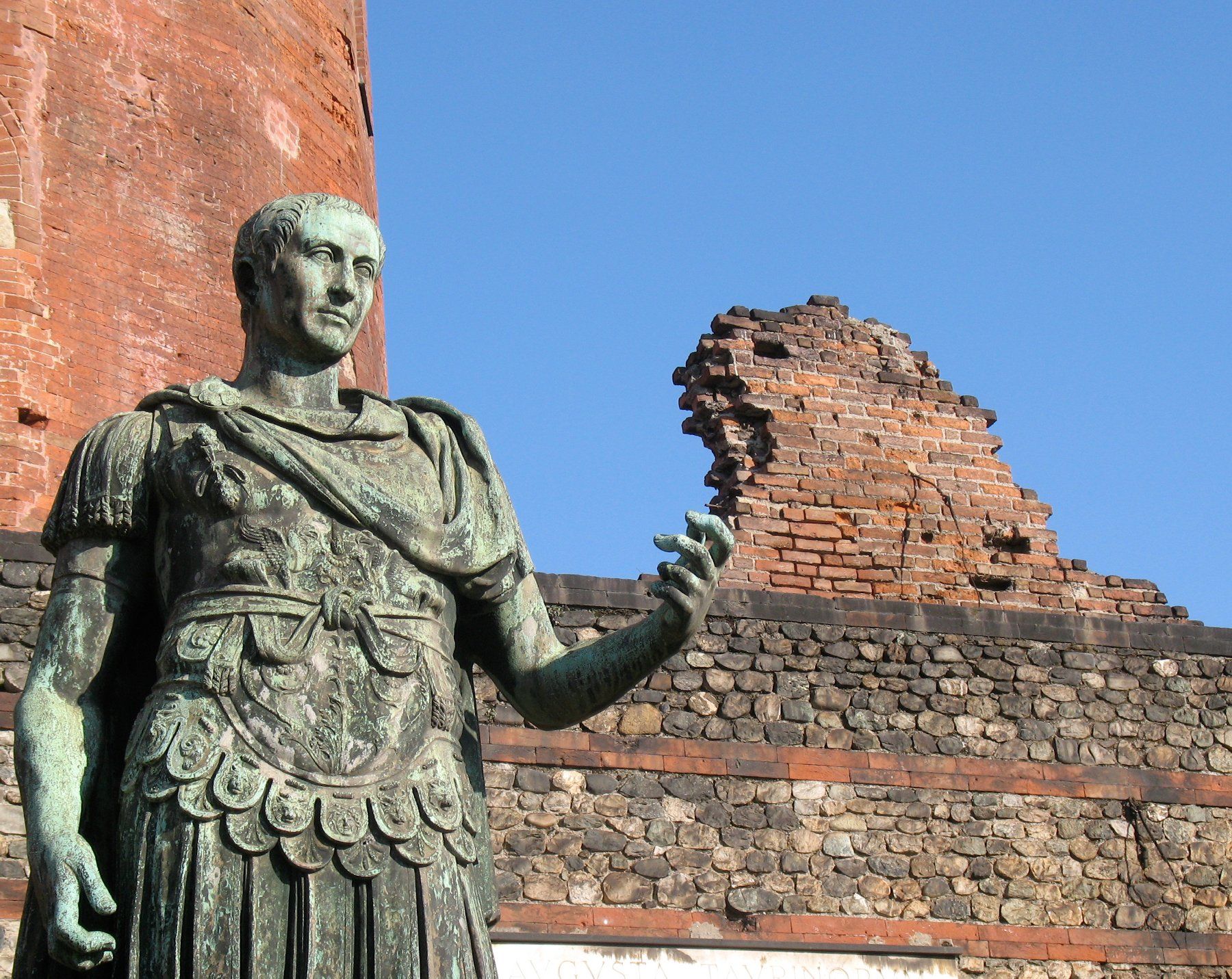 Statue of Julius Caesar at the ancient Porta Palatina in Turin, Italy.