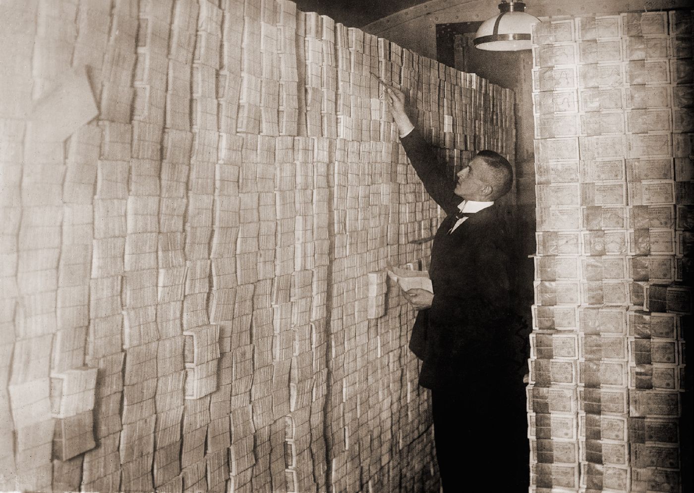 Piles of German money in a Berlin bank during post-World War I hyper-inflation