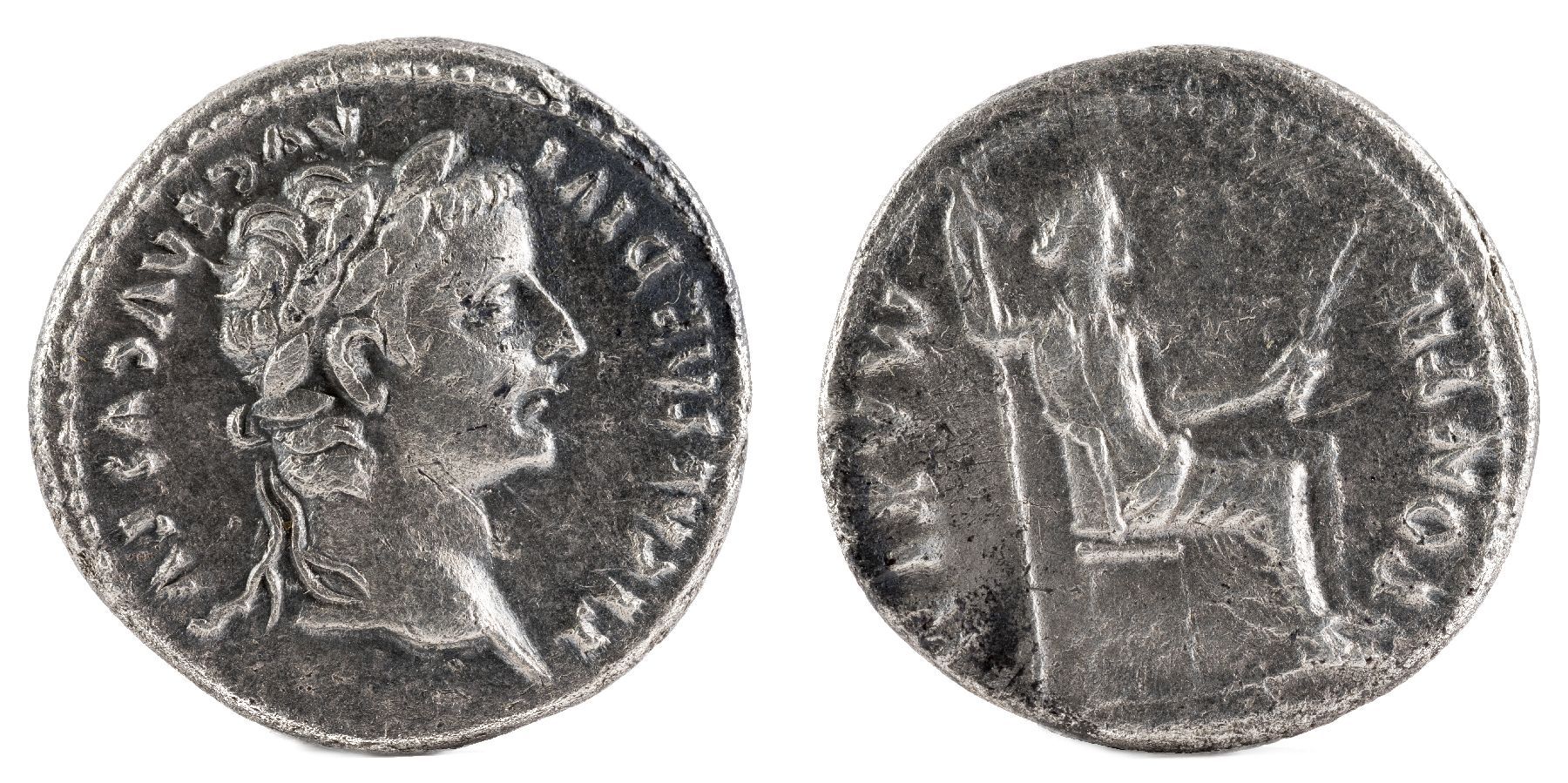 Ancient Roman Silver Denarius Coin of Emperor Tiberius
