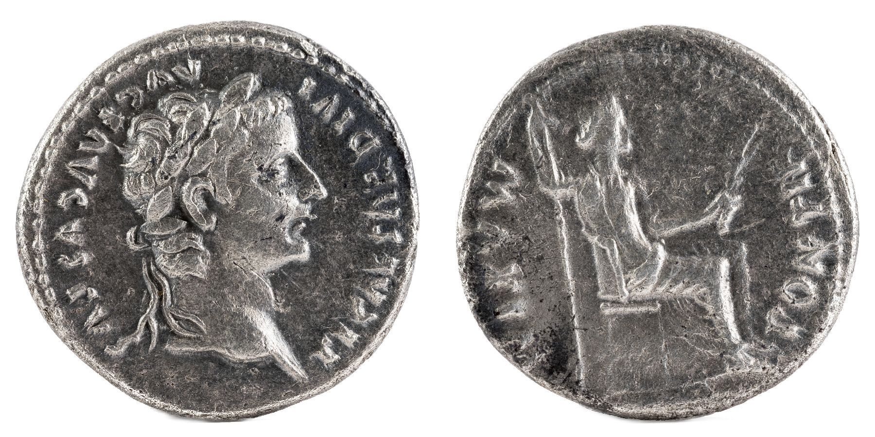 Ancient Roman Silver Denarius Coin of Emperor Tiberius