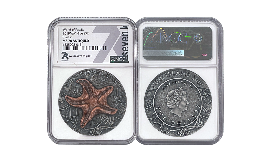 2019 World of Fossils Starfish 2 Oz Silver Coin MS70