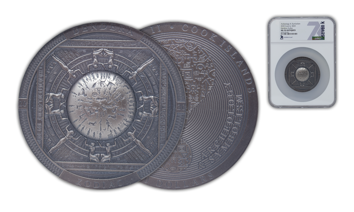 2020 Archeology & Symbolism Dendera Zodiac Antiqued 3 oz Silver Coin MS70