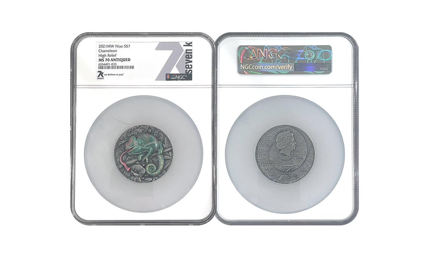 2021 Amazing Animals Chameleon 3oz Holographic Silver Coin MS70