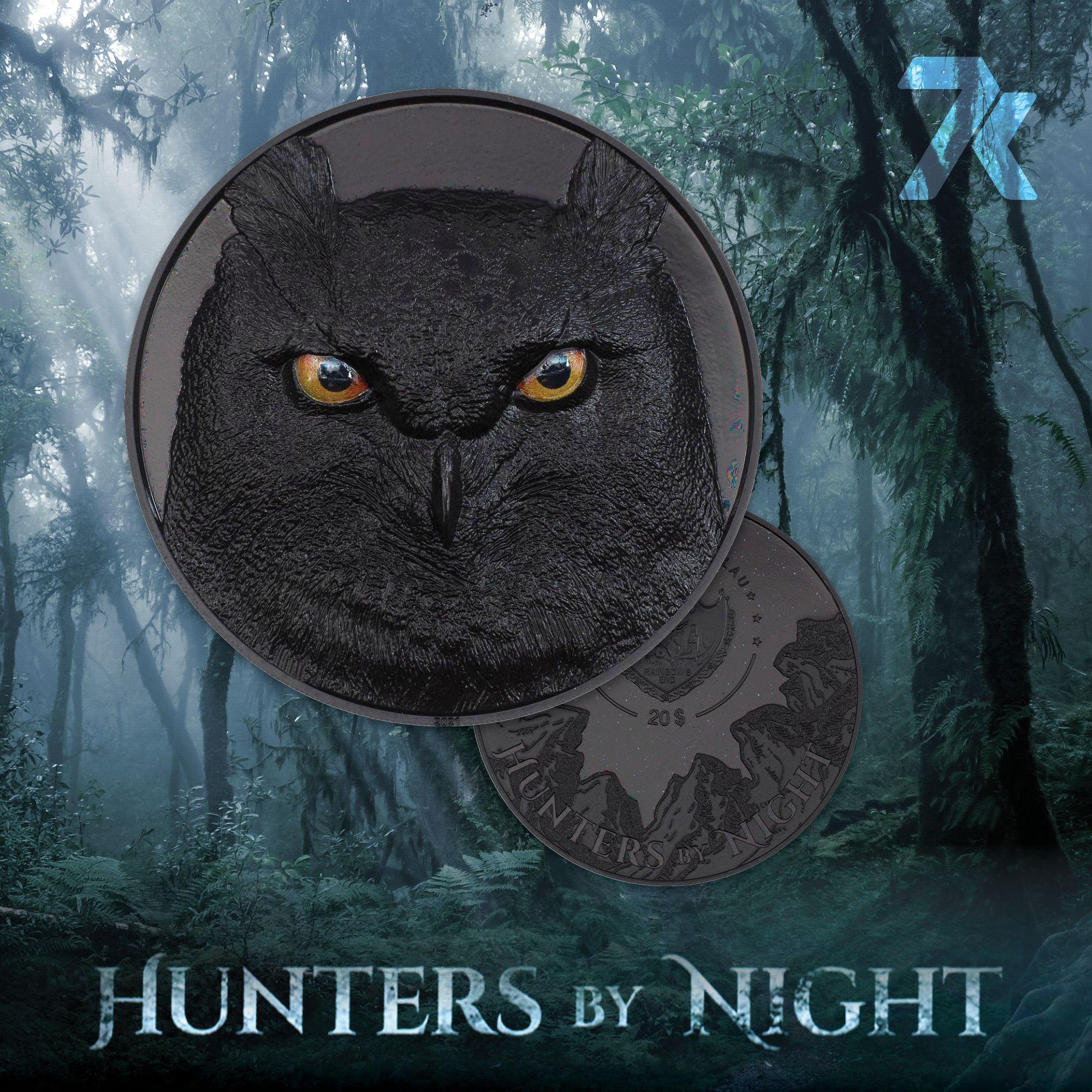 2021 Hunters By Night Eagle Owl 5oz Obsidian Black Proof Silver Coin