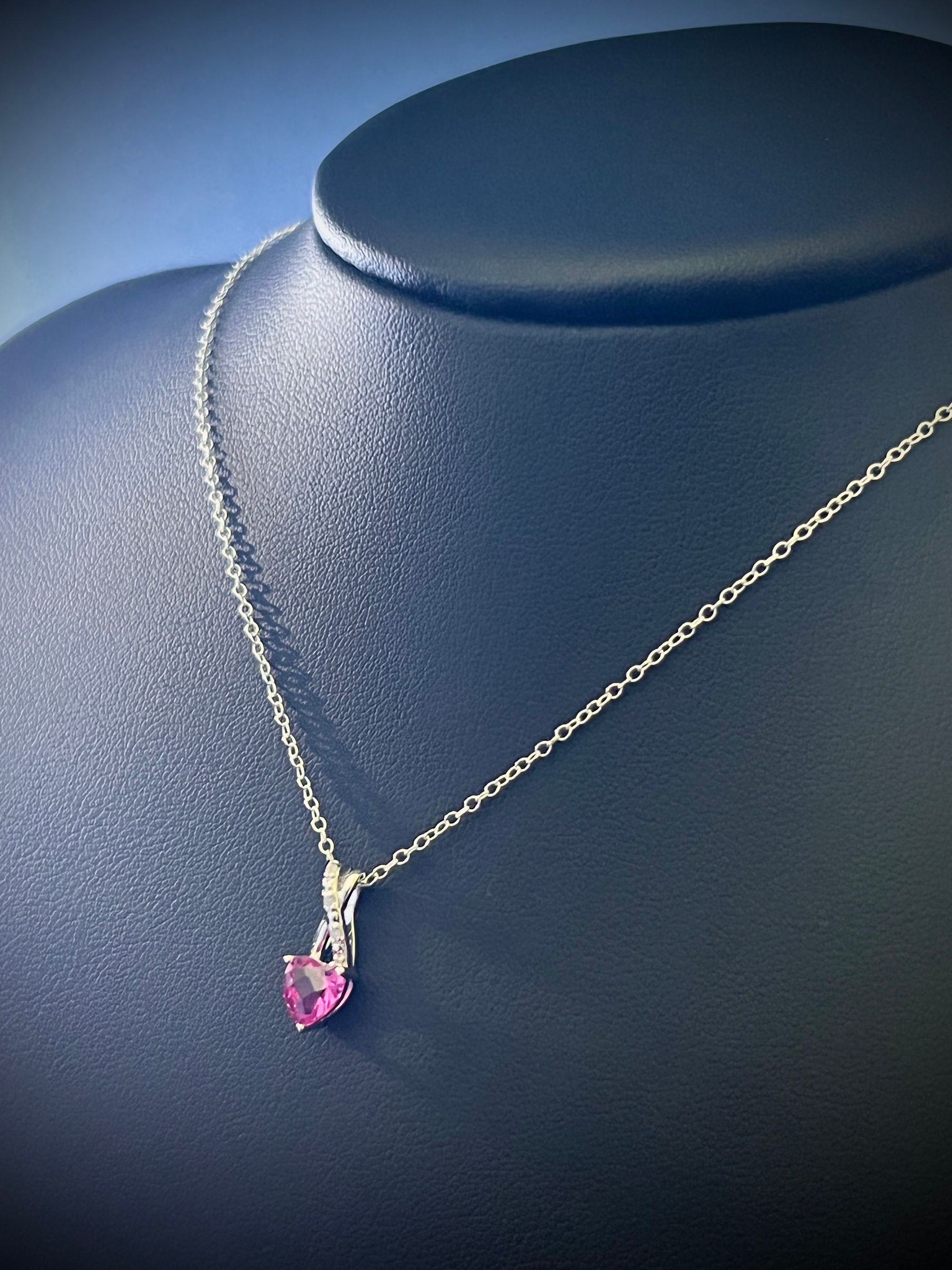 Sterling Silver Lab Created Pink Sapphire Heart and Diamond Necklace