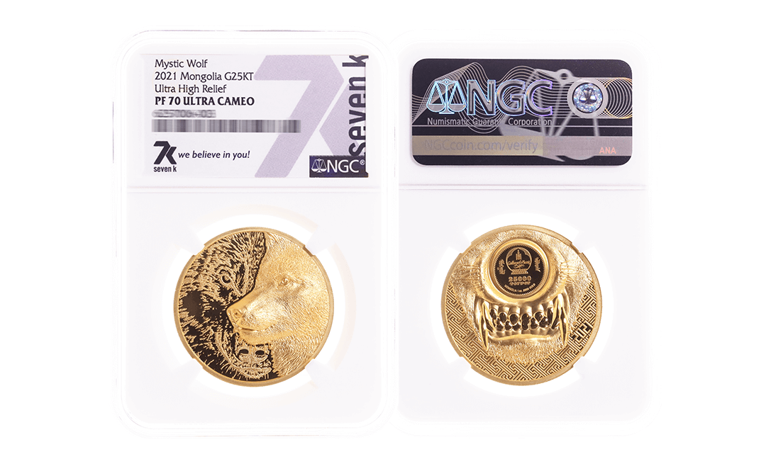 2021 Wild Mongolia Mystic Wolf 1oz Gold Coin PF70