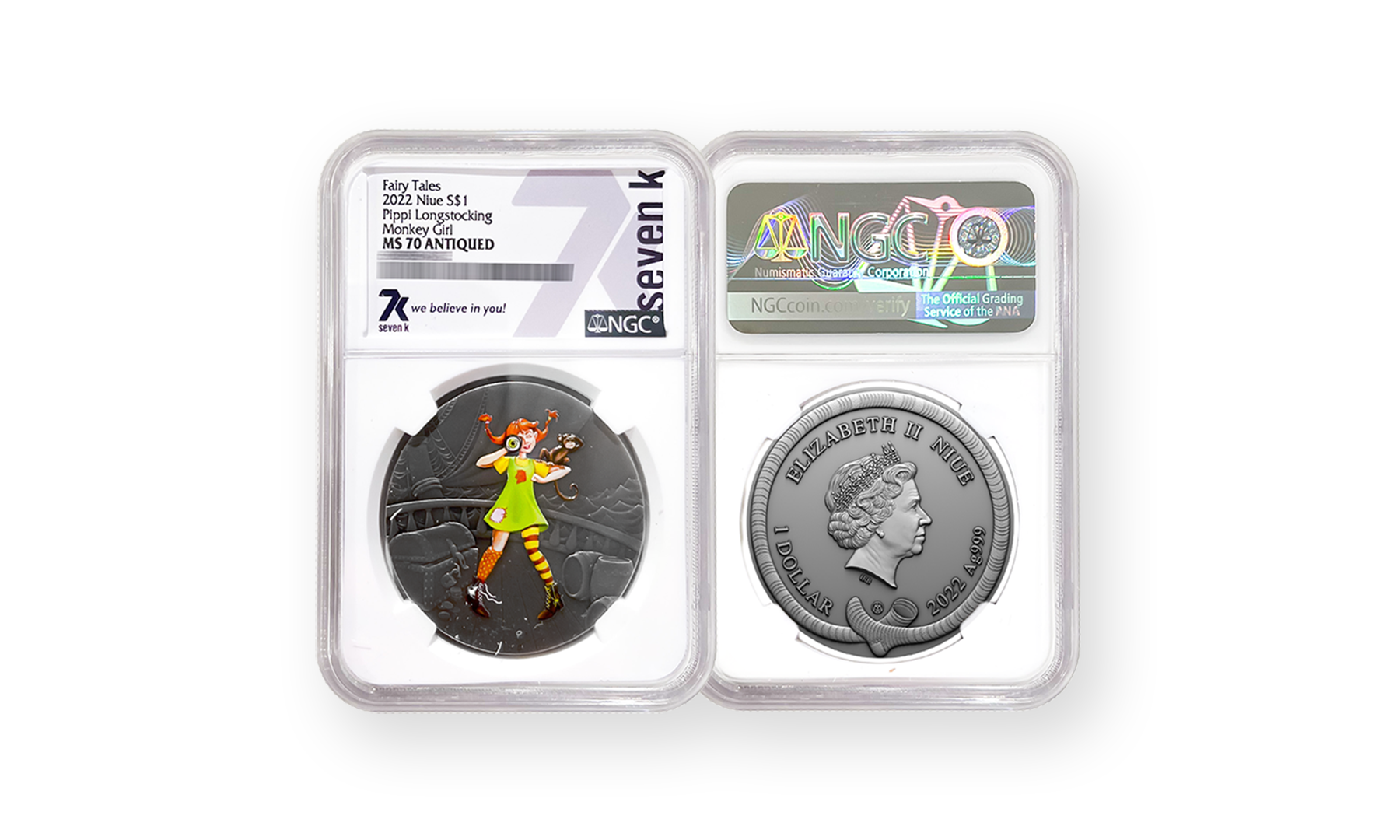 2022 Fairy Tales Pippi Longstocking Monkey Girl 1 oz Silver Coin MS70