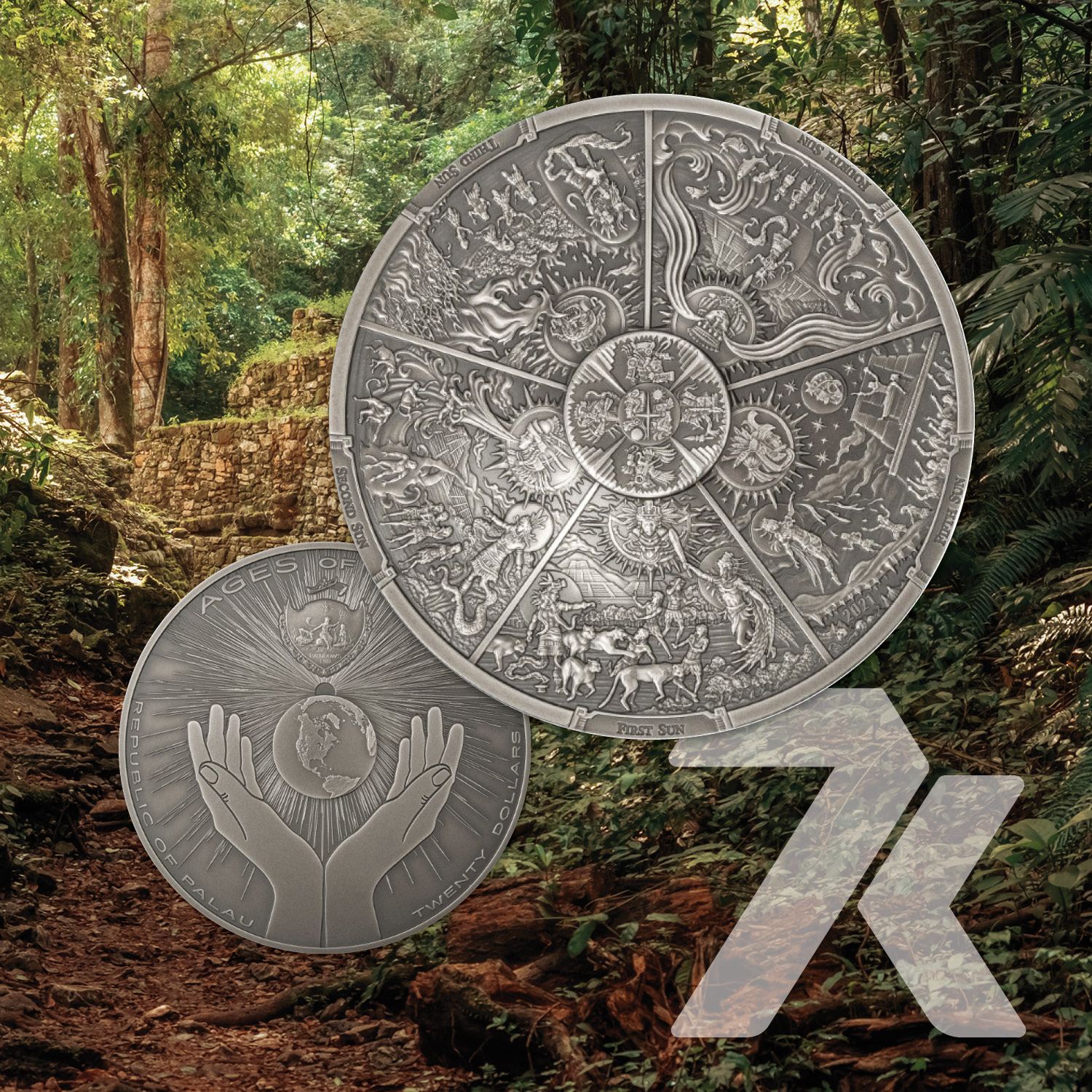 2021 Ages of Man Creation of World Aztec Five Suns 3 oz Silver Coin