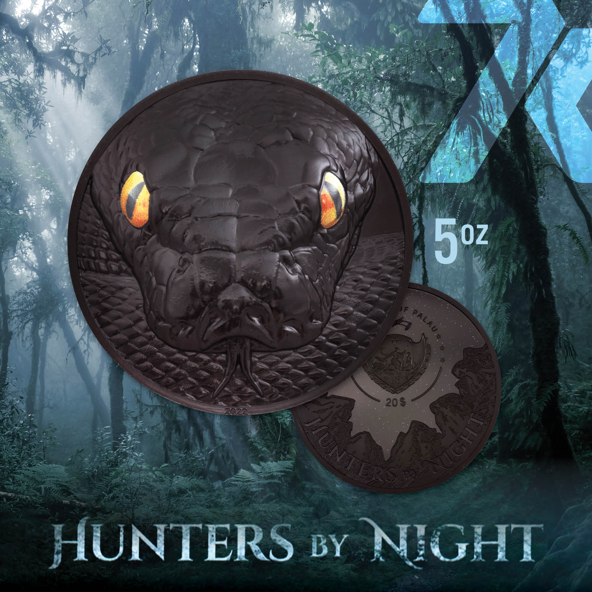 2022 Hunters By Night Python 5 oz Obsidian Black Silver Coin