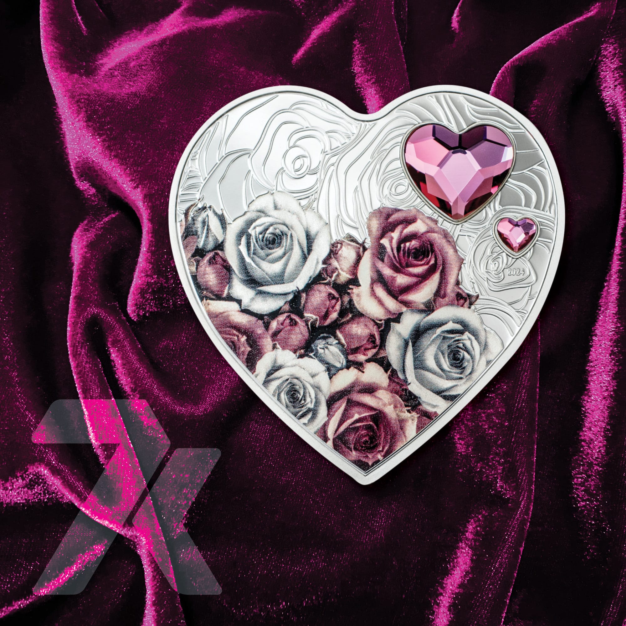 2024 Silver Hearts Brilliant Love Roses 20 Gram Silver Coin