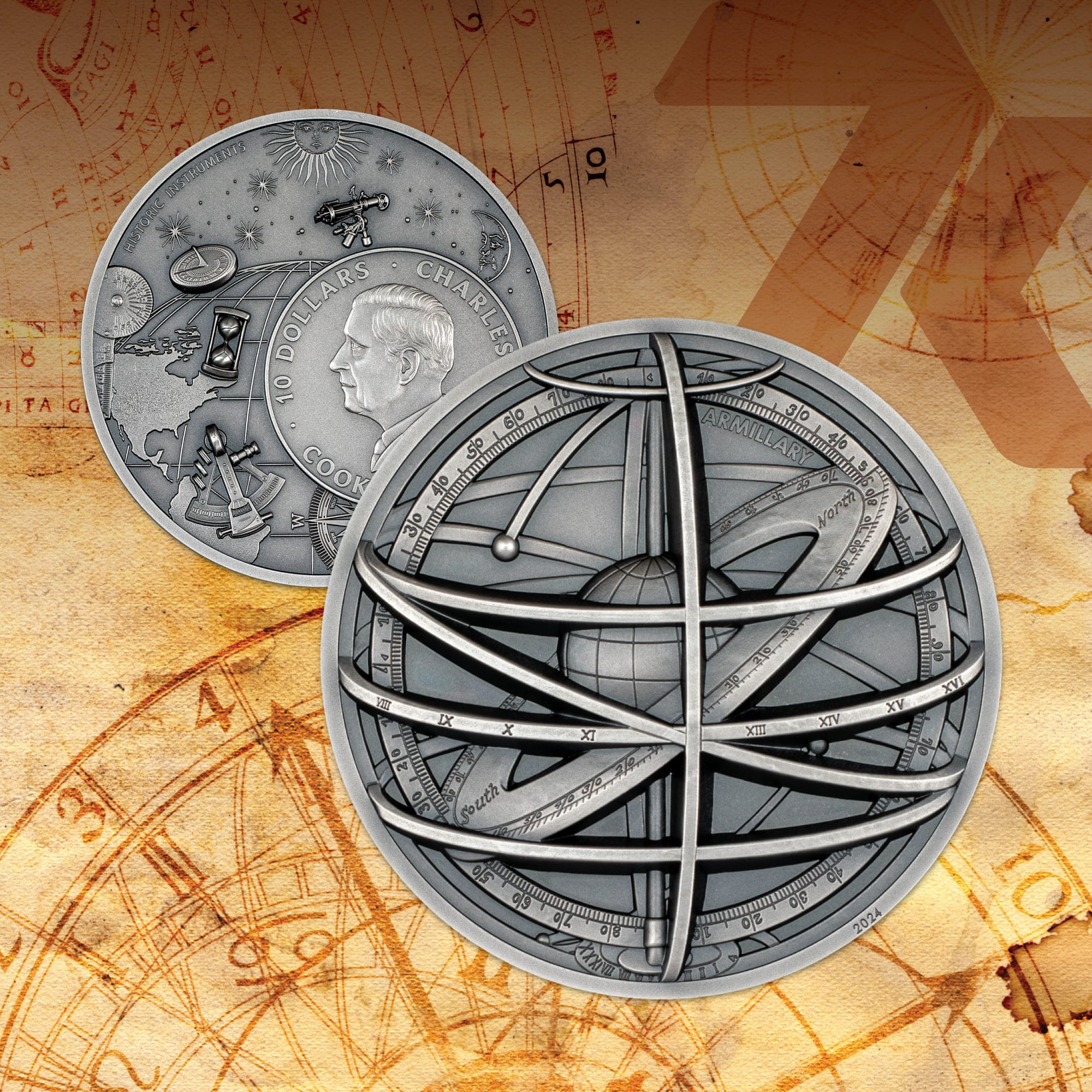 2024 Historical Instruments – Armillary Sphere 2-oz silver coin MS70