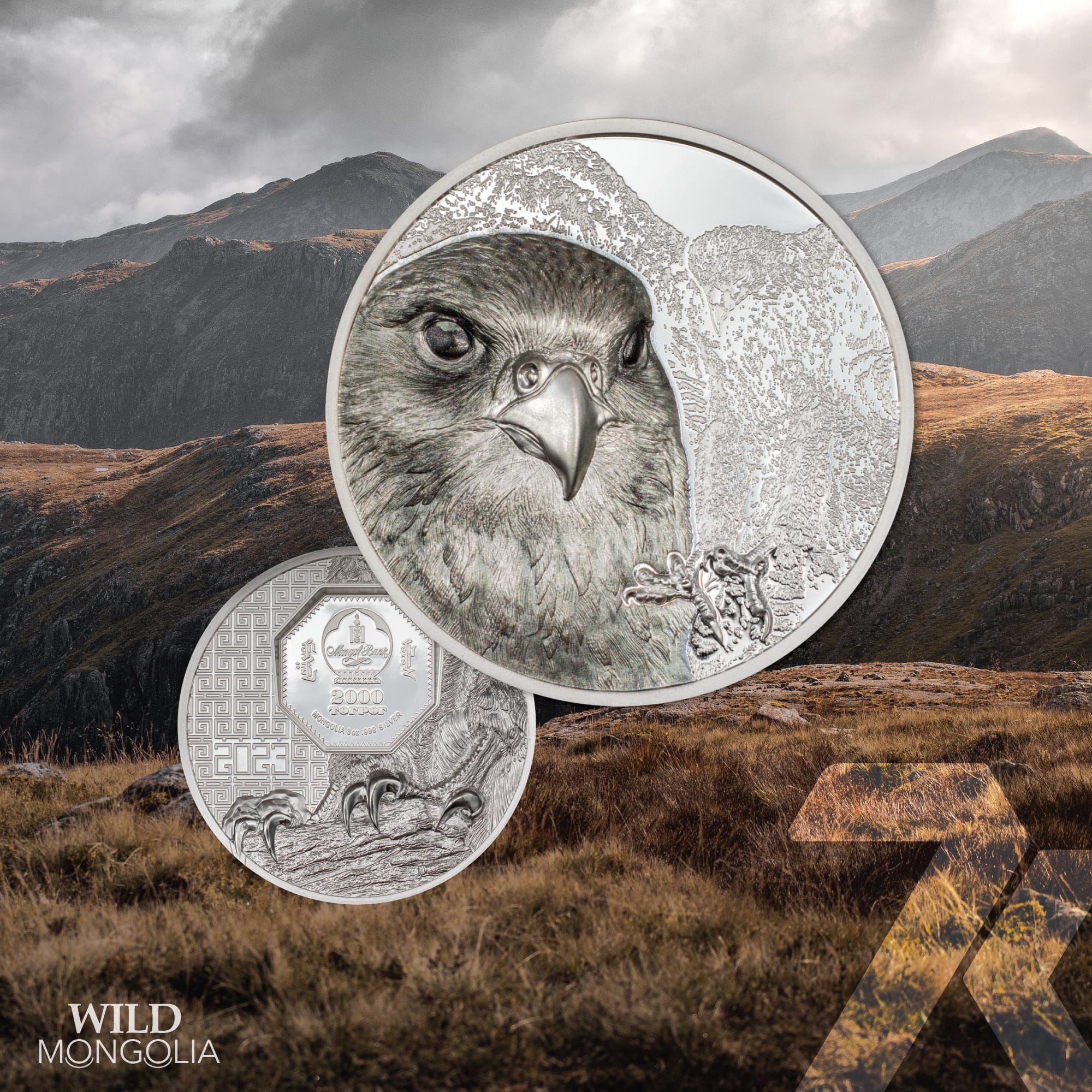 2023 Wild Mongolia – Mongolian Falcon 3-oz silver PF70 & PF69